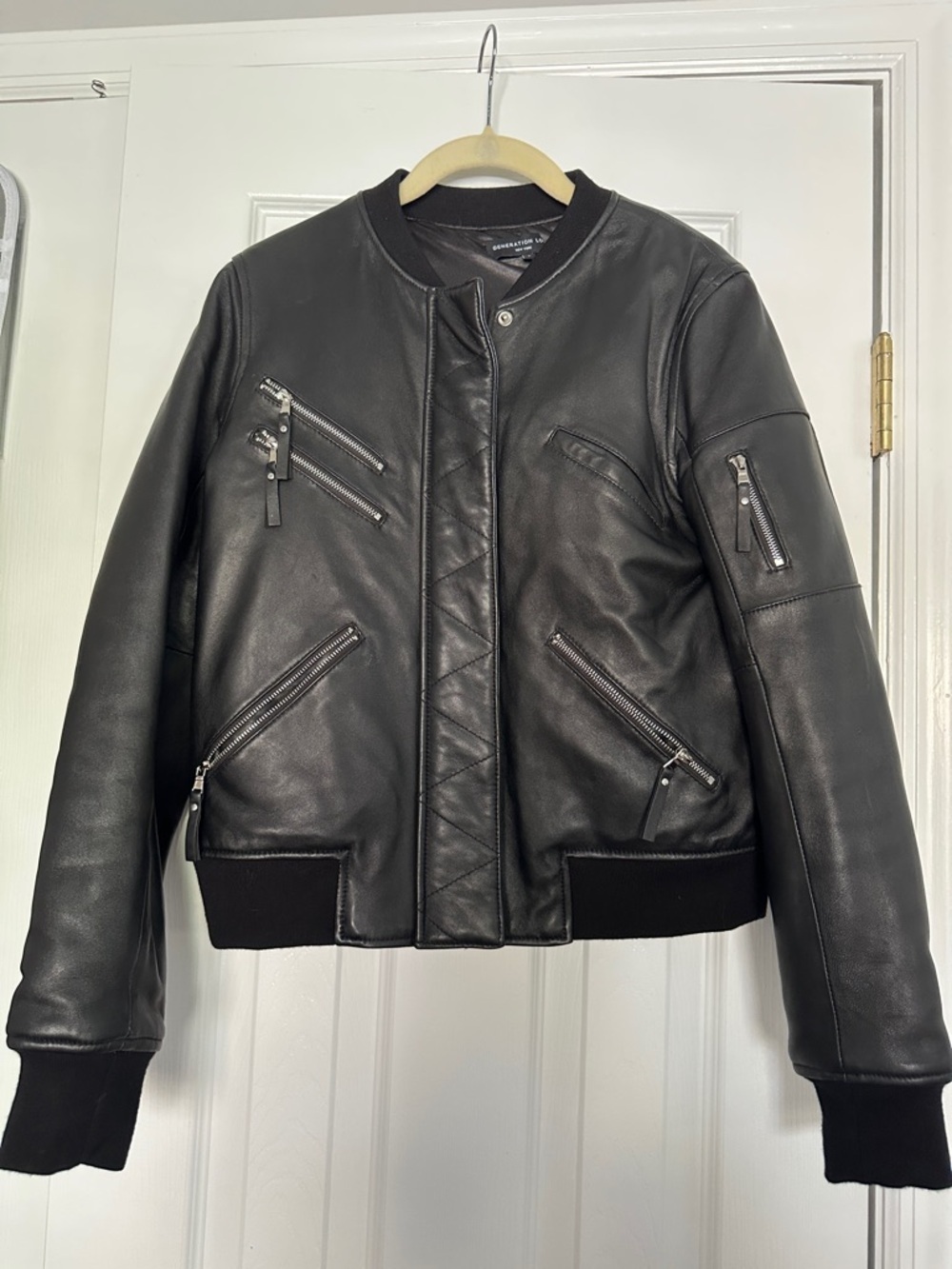 Generation Love Black Lambs Leather Bomber Jacket with Zip Pockets
